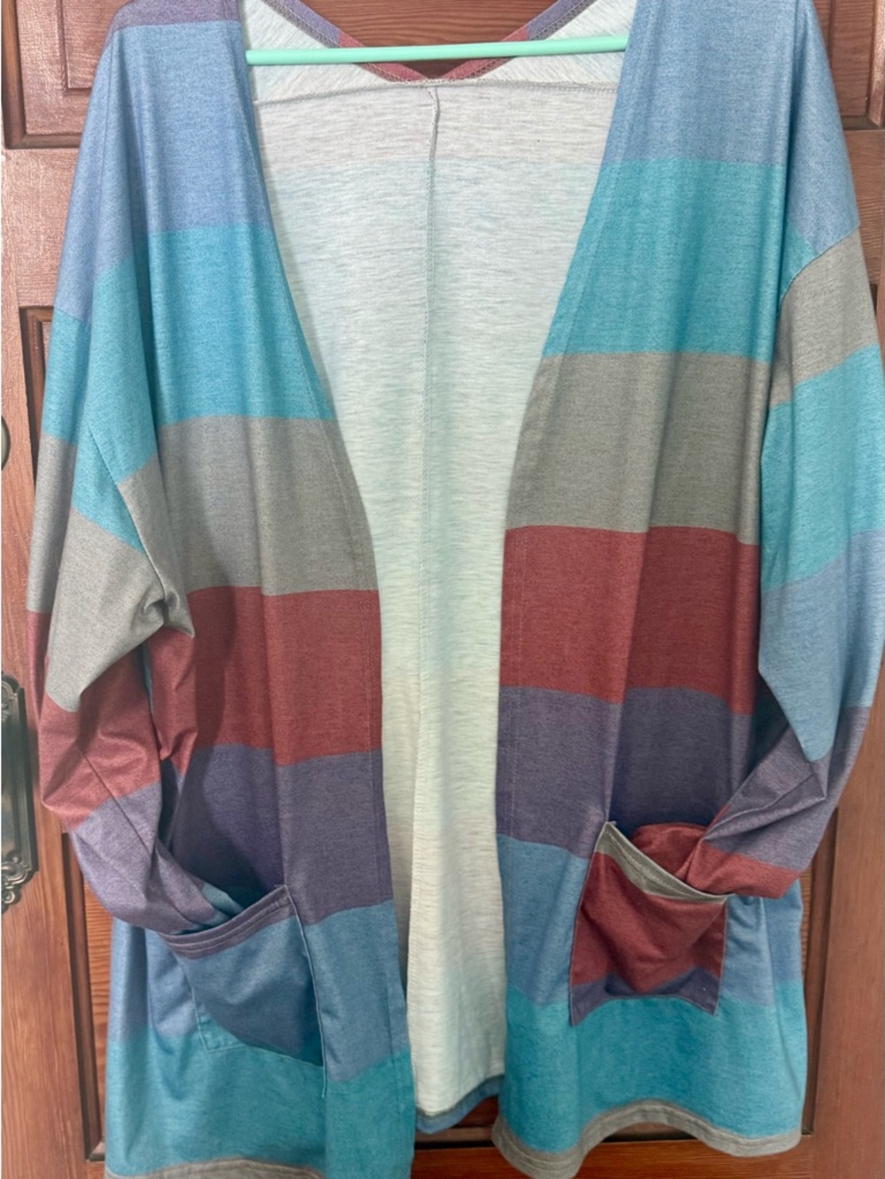 Open-Front Striped Womens lightweight Cardigan in Teal, Rust & Gray